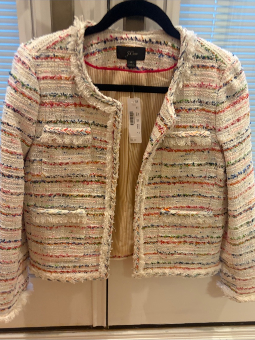 J. Crew White Multicolor Tweed Fringe Collar Jacket